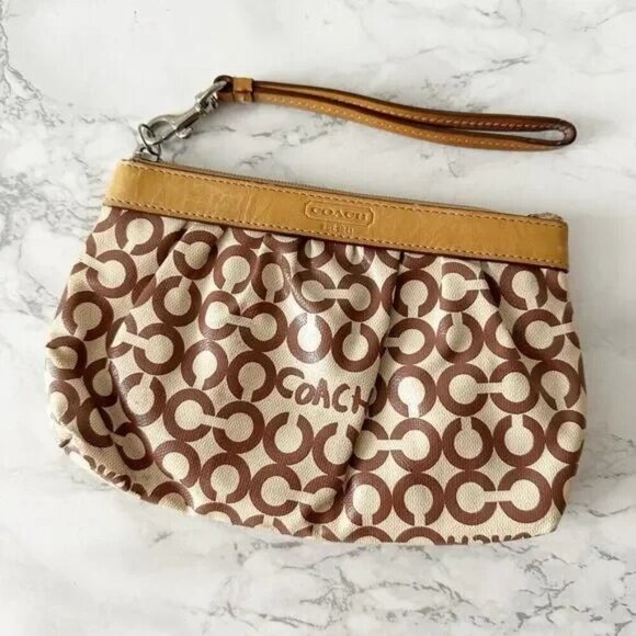 Coach Op Art Tan Brown Pleated Coated Canvas Large Zip Top Wristlet - Picture 1 of 13